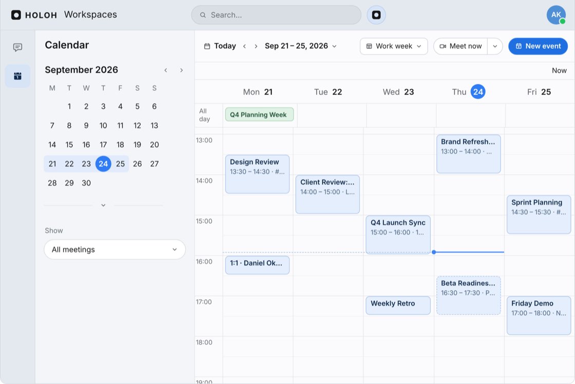The HOLOH Workspaces calendar in a work-week view for September 21 to 25, with a month picker in the sidebar and meetings such as Design Review, Q4 Launch Sync and Friday Demo laid out by day and hour.
